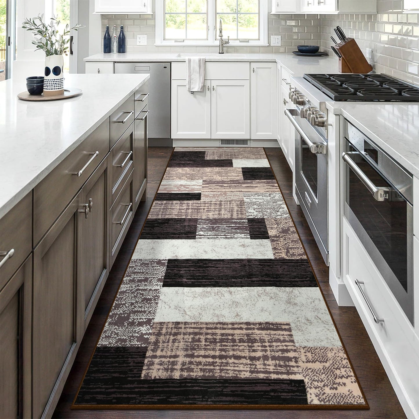 Indoor Runner Rug, Washable Runner Rug with Rubber Backing, Modern Geometric Patchwork Aesthetic Carpet for Bedroom, Living Room, Hallway, Entryway, Washable Rug Rockwood Collection, 2x6 Ft Chocolate
