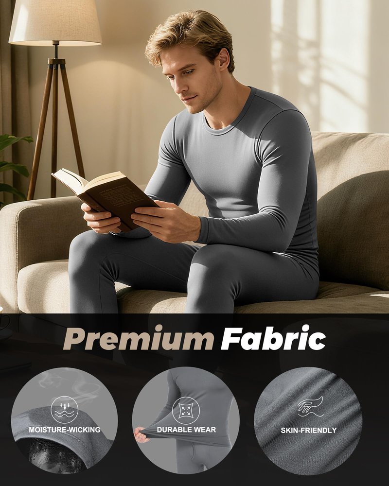 WEERTI Thermal Underwear for Men Long Johns with Fleece Lined Base Layer Men Cold Weather Top Bottom-Grey XXL