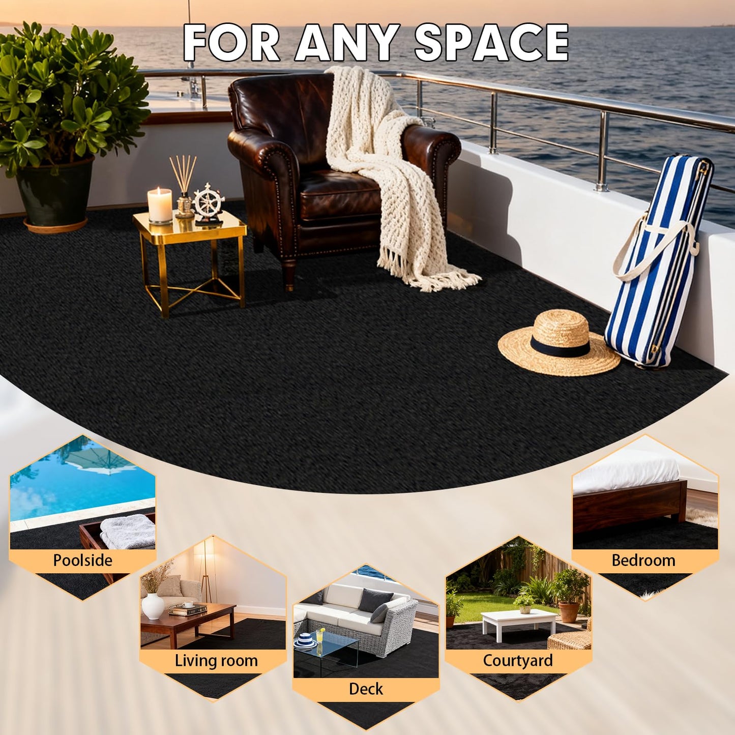 Grefinity Marine Carpet,5 FT x 10 FT Black Indoor Outdoor Carpet 0.2" Thick Boat Rug with Water-Proof TPE Backing for Home, Patio, Porch, Deck