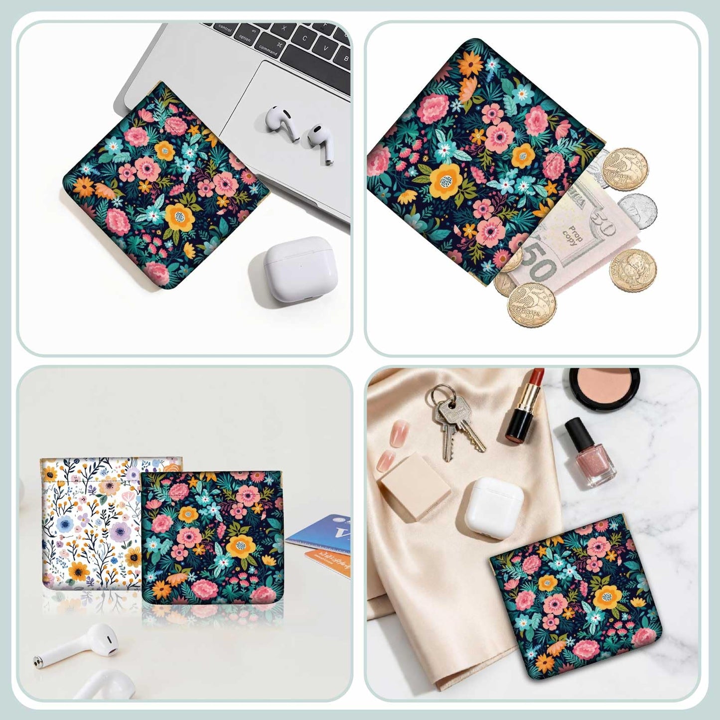 PRESSINART 4Pcs 4 Styles Flower Coin Pouch Leather Squeeze Coin Purse Wildflowers Pattern Print Small Wallet Waterproof Durable Mini Change Bag Ideal for Women Men Shopping Daily Use Birthday Gift