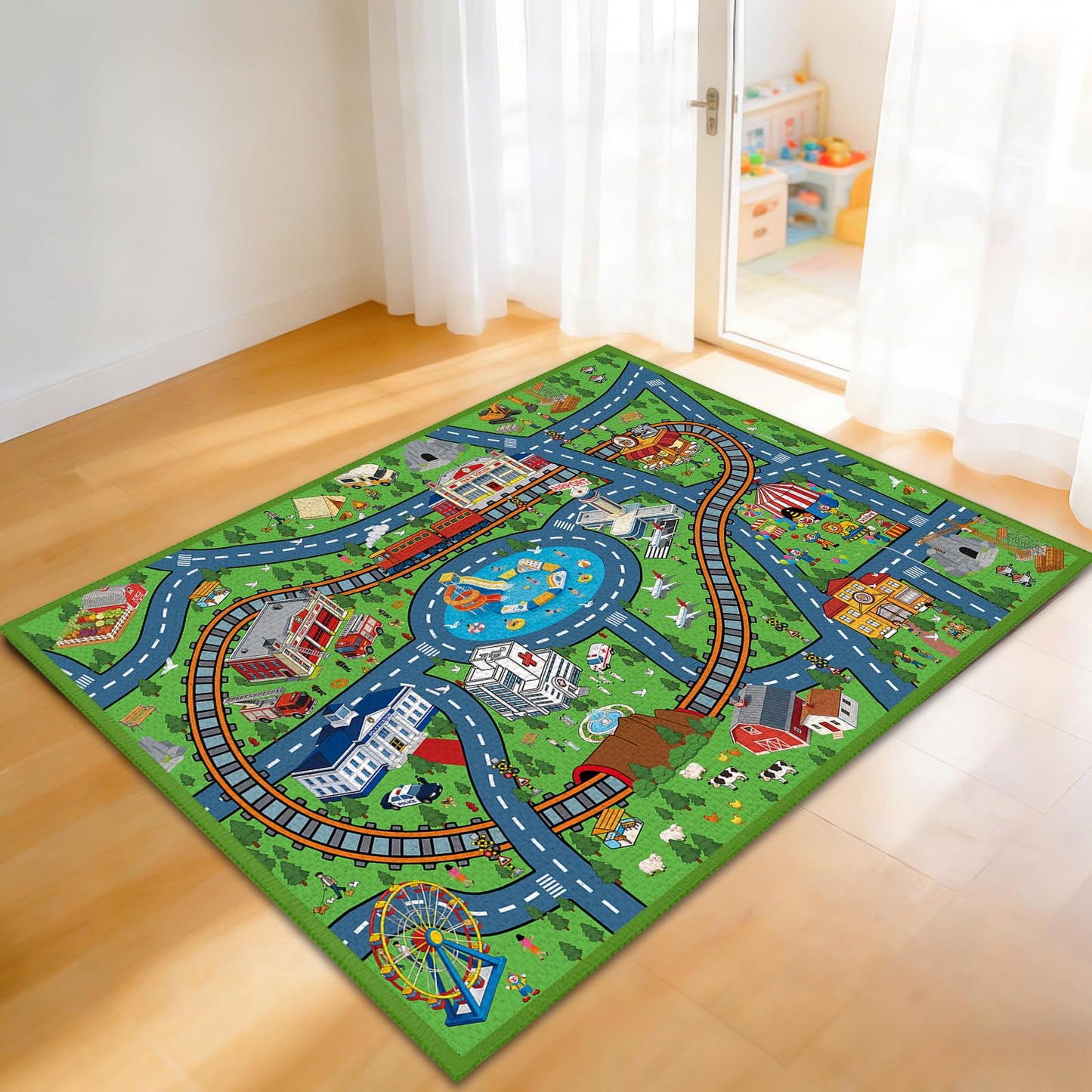 Rug Play Mat for Son, Non-Slip Train Track Map Carpet for Daughter Playroom Bedroom, Son Play Mat Track Road Rugs, 59x39.4 inch