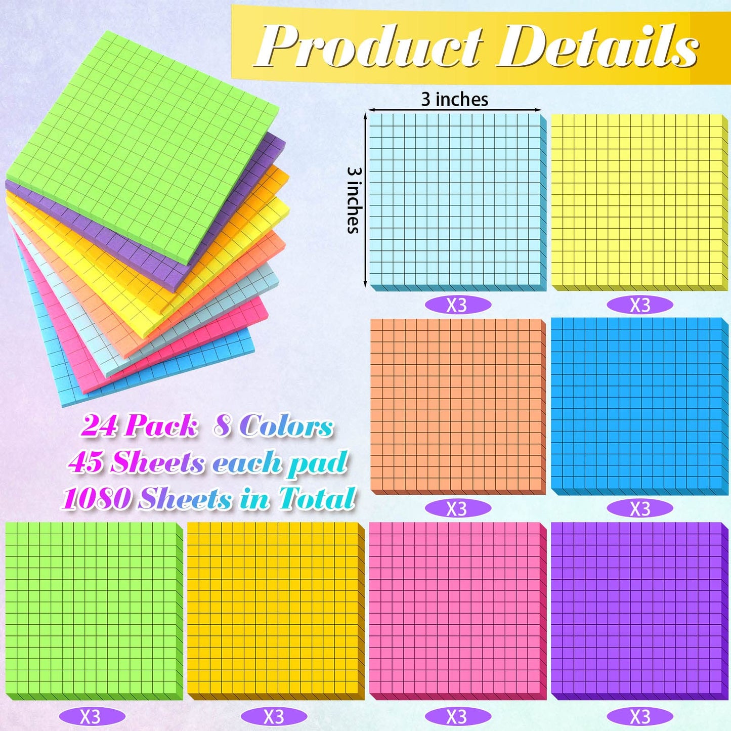 Geosar 24 Pack Lined Grid Sticky Notes 3 x 3 Inch Note Colorful Self Stick Notes Power Memo Pads Strong Adhesive Self Stick Note for Gifts School Office Supplies 8 Colors(Bright Color)