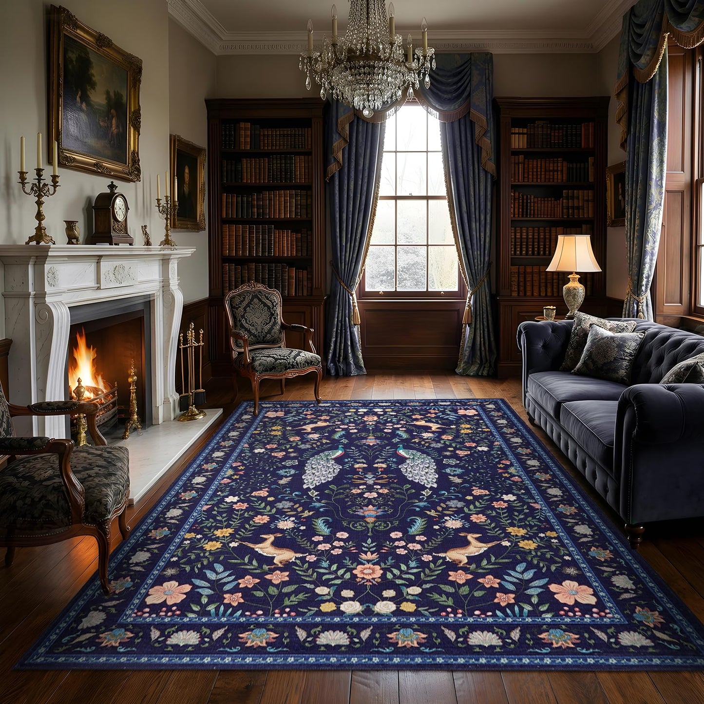 Garvee Living Room Rug 8x10 Washable Rug Floral Rugs for Bedroom Non Slip Low Pile Indoor Carpet Soft Non-Shedding Foldable Thin Mat for Bedroom Dining Room Farmhouse Kids Playroom Office Dorm Blue