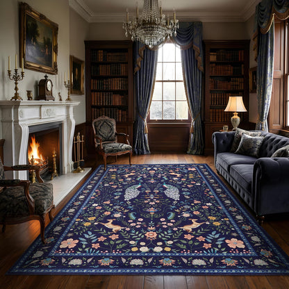 Garvee Living Room Rug 8x10 Washable Rug Floral Rugs for Bedroom Non Slip Low Pile Indoor Carpet Soft Non-Shedding Foldable Thin Mat for Bedroom Dining Room Farmhouse Kids Playroom Office Dorm Blue