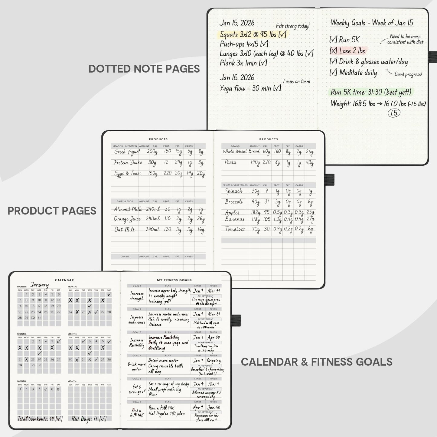 &And Per Se Workout and Food Journal – Fitness Journal with Daily Diet Tracker & Gym Exercise Log Book for Men & Women – Undated, A5 Size, Leather Hardcover (Black)