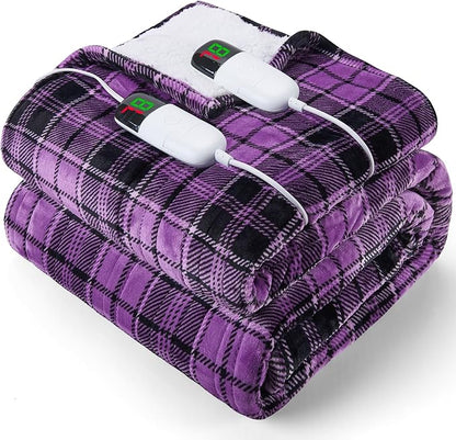 Heated Electric Blanket Queen Size, 84X90 Heating Blanket Queen with Dual Control&10 Heats Levels&Timer for Bed,Purple Plaid Sherpa Soft Blankets Warmer Gift for Grandma Women Adults, Washable