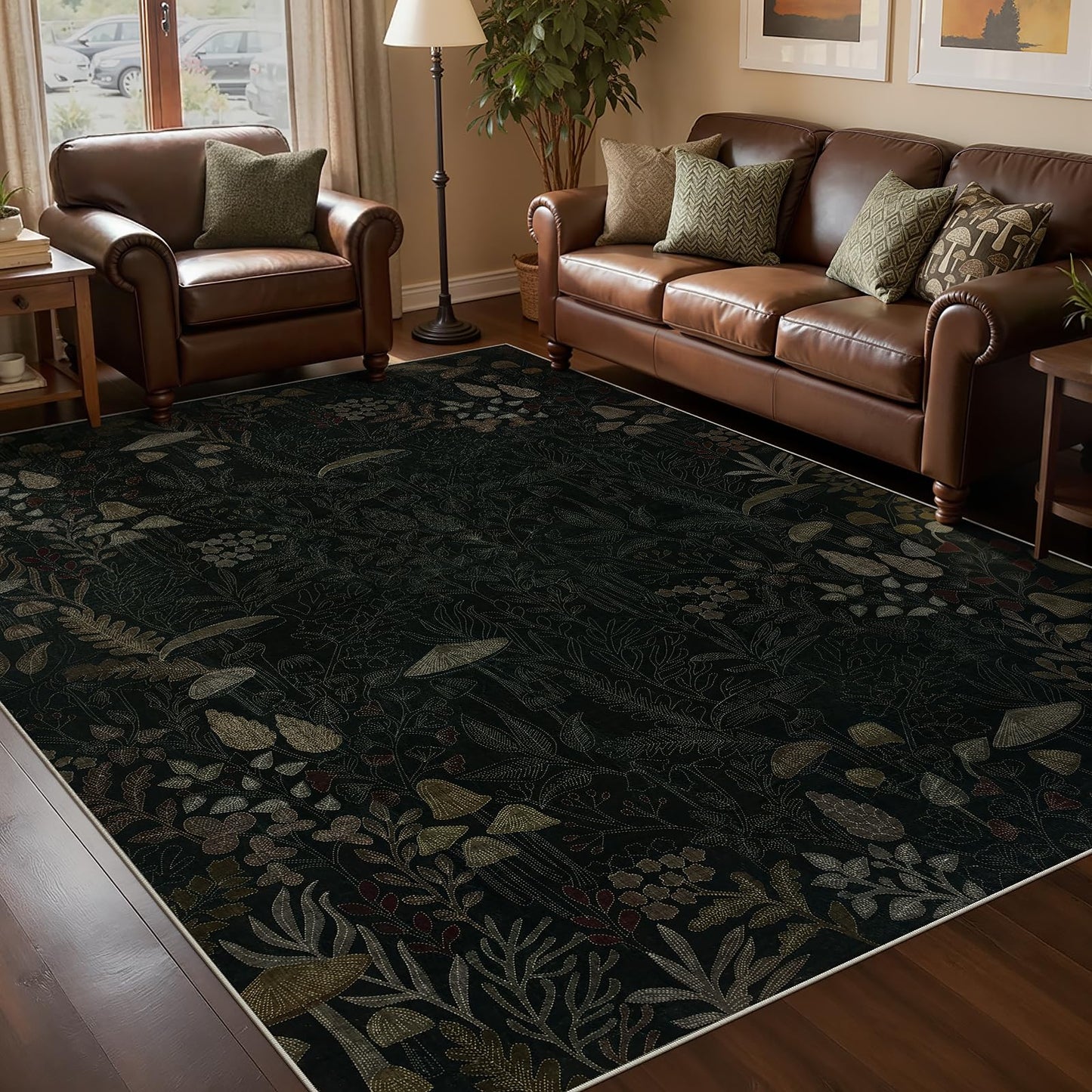 Joydeco Mushroom 5x7 Area Rugs for Bedroom, Washable Rugs for Living Room Non Slip, Boho Floral Botanical Ultra-Thin Soft Indoor Floor Throw Carpet for Dining Home Office, Black-Brown