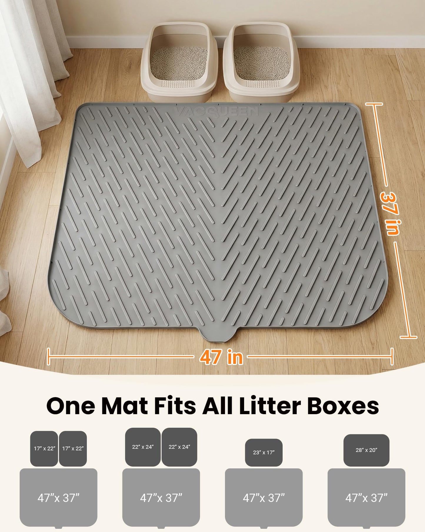 Vacqueen Cat Litter Box Mat, 47" x 37" Extra Large Cat Litter Mat, Silicone Waterproof Litter Trapping Mat for Scatter Control Soft on Kitty Paws Non-Slip Easy to Clean (Grey)