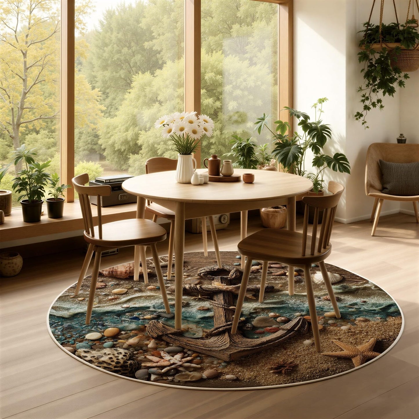 Coffee Table Rug Round Coastal Anchor Beach Seashell Mat, 5ft Ocean Wave Sand Floor Carpet for Living Room Bedroom Reading Nook, Nautical Driftwood Pebble Starfish Decorative Piece