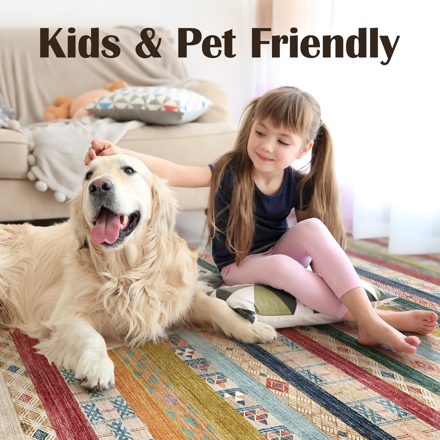 Puino 8x10 Washable Area Rug: Moroccan Large Neutral Boho Area Rug for Living Room & Bedroom Geometric Non-Slip Farmhouse Carpet for Living Room Colorful Stripe 8'x10'.