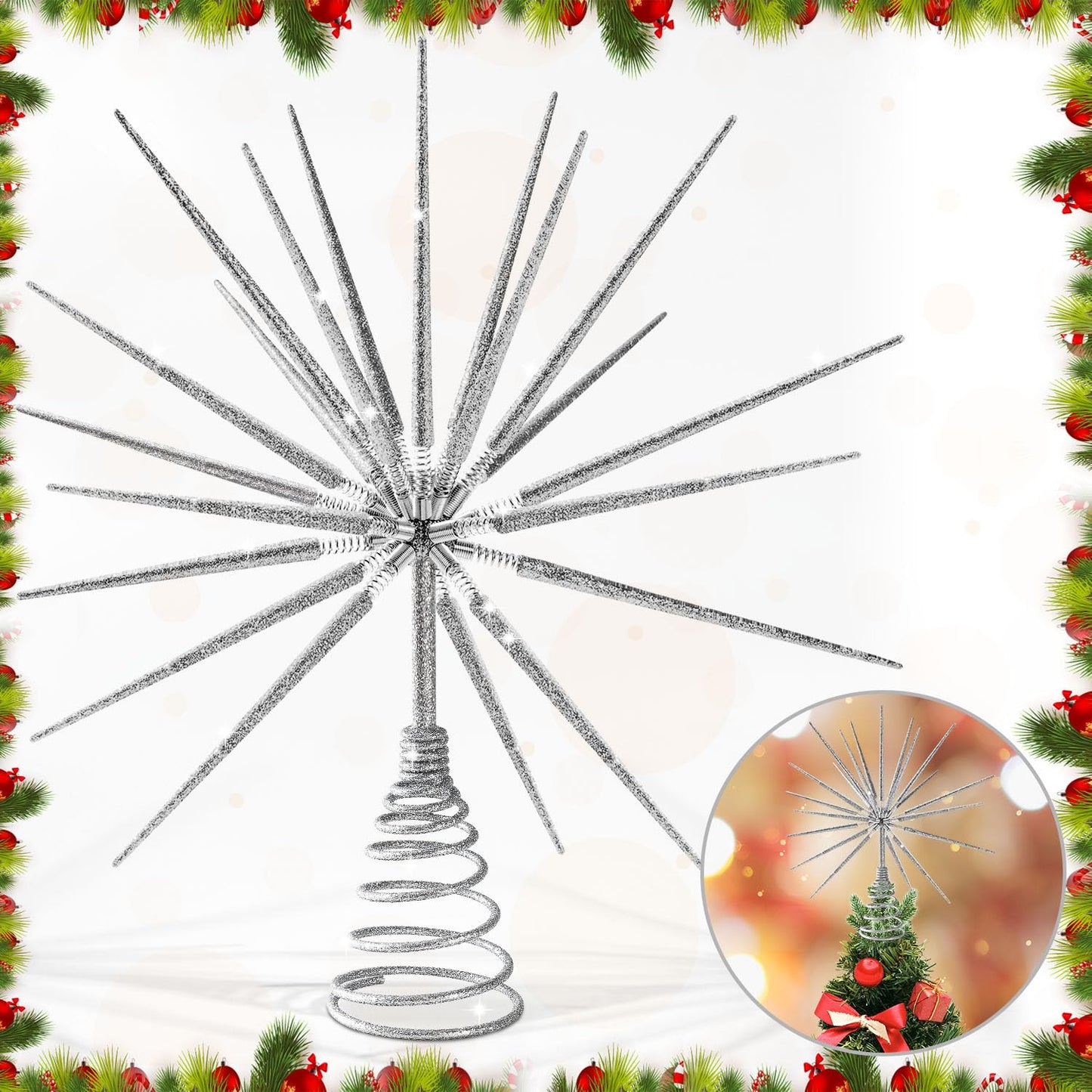 Silver Christmas Tree Topper 13.7 Inch - No DIY Silver Star Burst Tree Topper, Exploding Star Christmas Tree Decorations