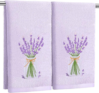 2 Pcs Lavender Hand Towels Purple Bathroom Decor 14x29 Inch Embroidered 100%