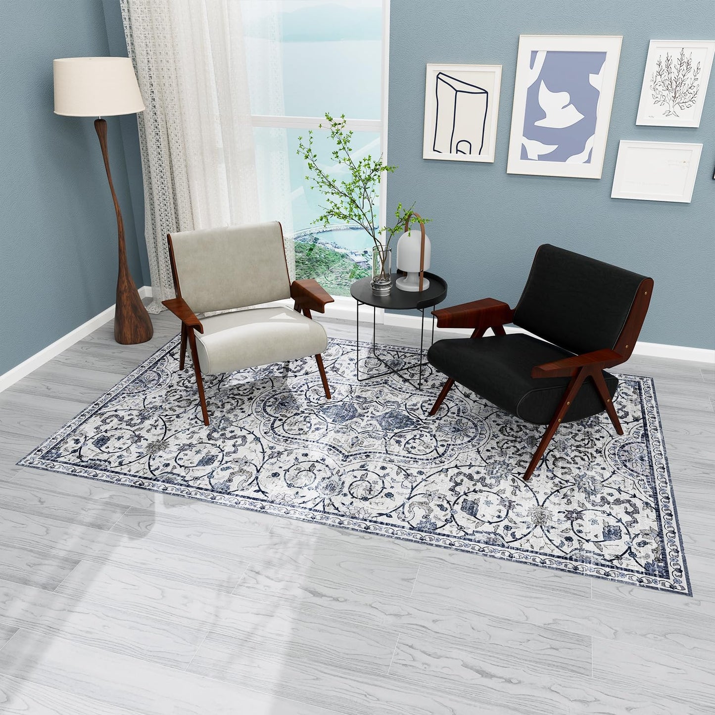 SALLOUS Vinyl Floor Mat for Home, 5' x 8' Waterproof Area Rug for Living Room, Non-Slip Area Rug for Under Dining Table, Vinyl Hard Floor Protector Mat for Bedroom, Kitchen, Bathroom (Grayish Blue)