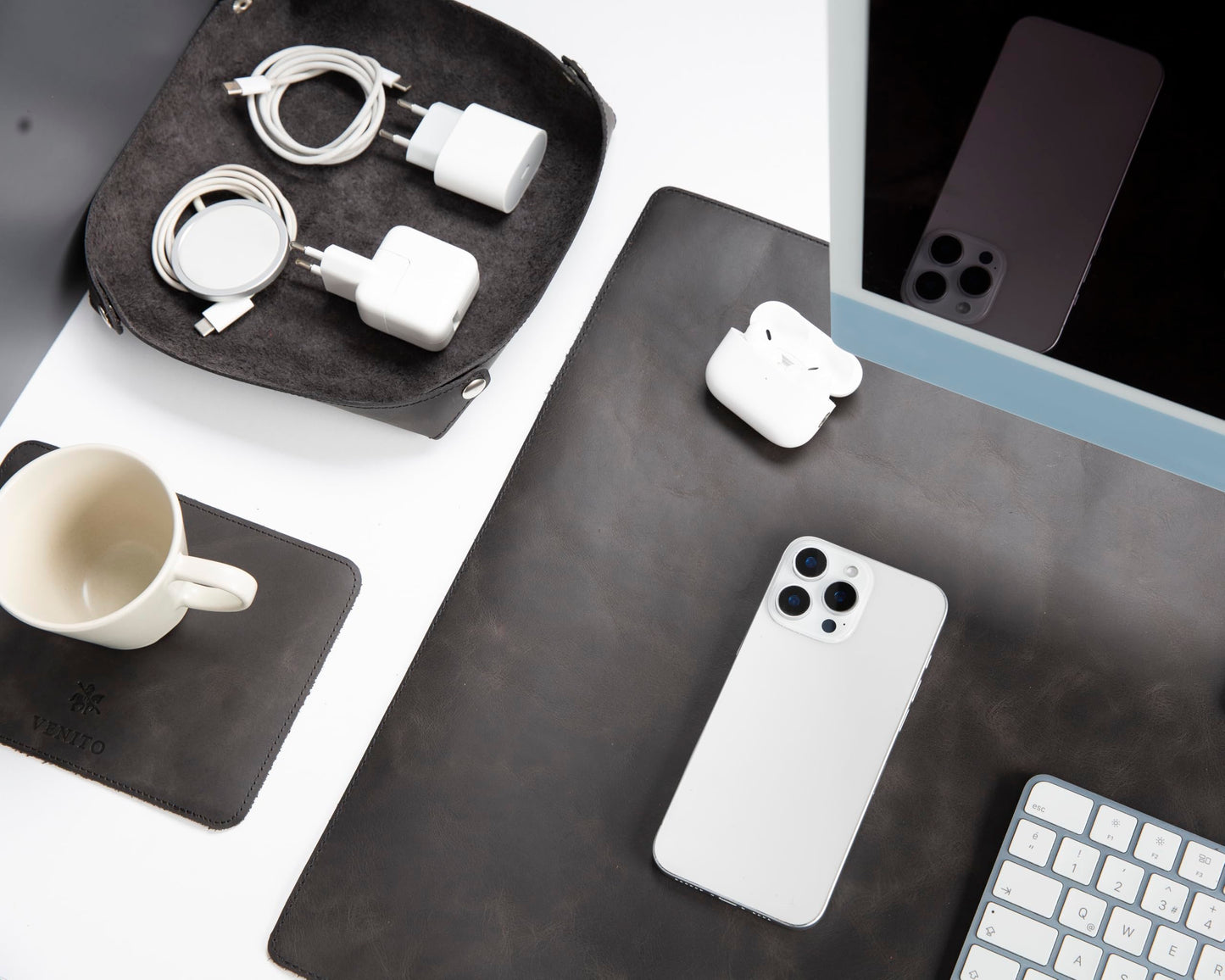 VENITO Leather 3-in-1 Desk Mat Set – Desk Mat (32"x16"), Organizer Tray & Cup Coaster – Full-Grain Leather Desk Pad for Office & Home – Elegant Workspace Accessories for Men & Women, Asphalt