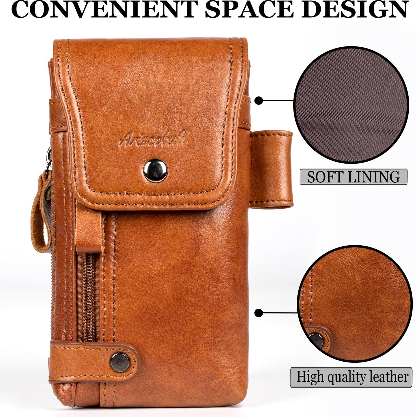 Ariscobull - Leather Phone Holster - Genuine Full-Grain Buffalo Leather Cell Phone Holsters - for iPhone 16, 15, 14, 13pro, Galaxy S24, S23, S22-7”H X 3.5" W (Coffee)