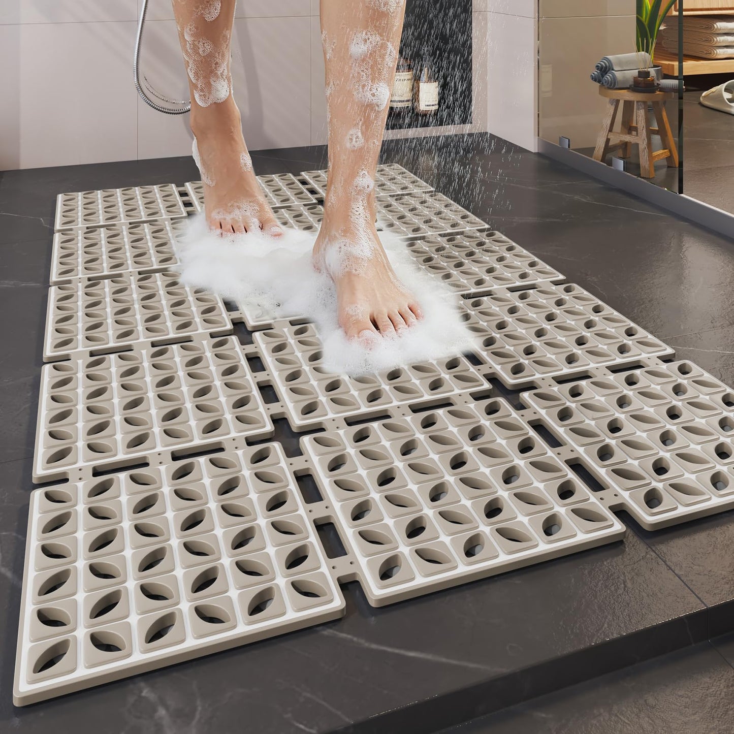Shower Mat, Bathtub Mat Non Slip 16"x 26" Soft TPE Bath Mat for Kids, Machine Washable Inside Bathroom Shower Mat Bath Mat with Drain Holes & Strong Suction Cups, Soft on Feet (Browm)