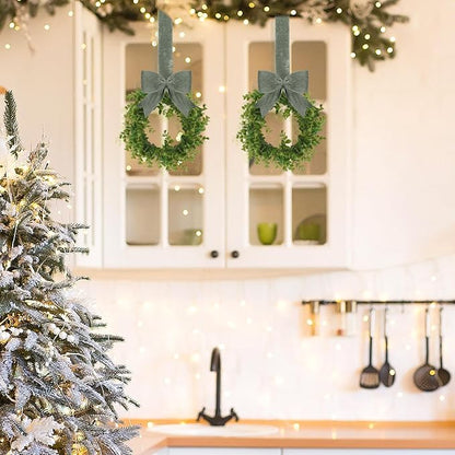 WILLBOND 4 Pcs Christmas Kitchen Cabinet Wreath Boxwood Garland with Ribbon Greenery Garland Hanging Wreaths for Cabinet Wall Window Door Fireplace Party Farmhouse Decor(Green,Velvet)