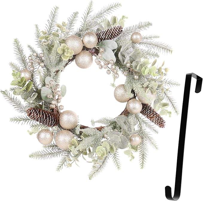 Super Holiday Christmas Wreath, 19Inch Artificial Winter Wreaths for Front Door Decorations with Wreath Hanger, for Indoor Outdoor Home Hoilday Party Xmas Wall Decor - Champagne