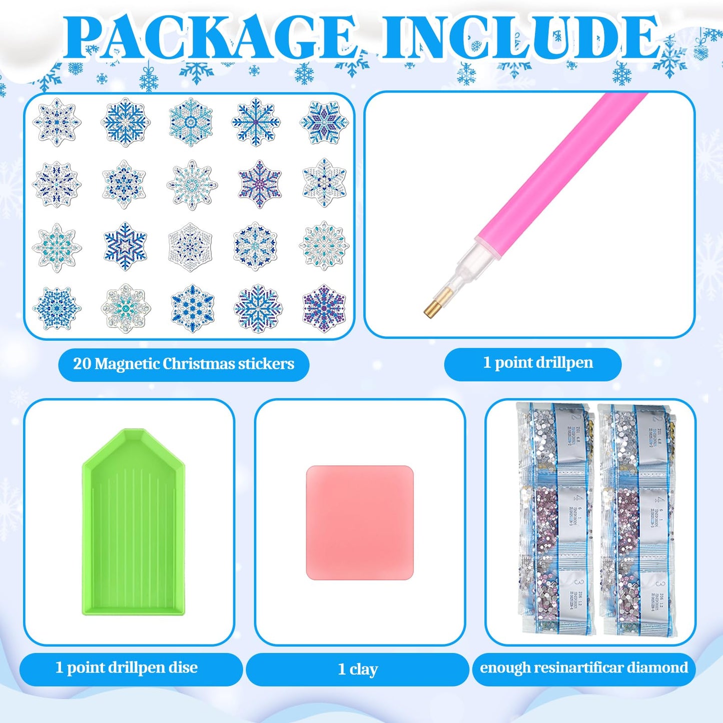 Copkim 20 Pcs Winter Christmas Diamond Art Magnets Winter Fridge Magnet Diamond Painting Snowflake 5D DIY Art Decals Craft for Xmas Ornaments Family Decor