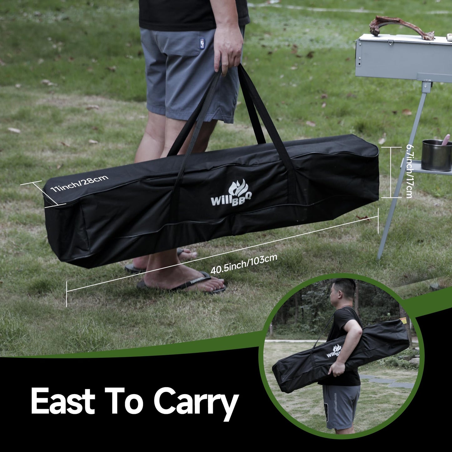 WILLBBQ Grill Storage Bag, BBQ Tool Storage Bag, Foldable Grill Bag for Car Trip Outdoor Camping and Hiking BBQ (Ebony)
