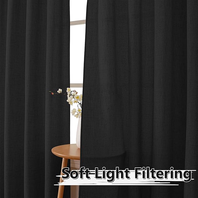 Tollpiz Short Linen Tier Curtains Rod Pocket Semi Sheer Half Kitchen Curtain Burlap Light Filtering Thick Linen Drapes for Bathroom, 30 x 24 inches Long, Black, Set of 2 Panels