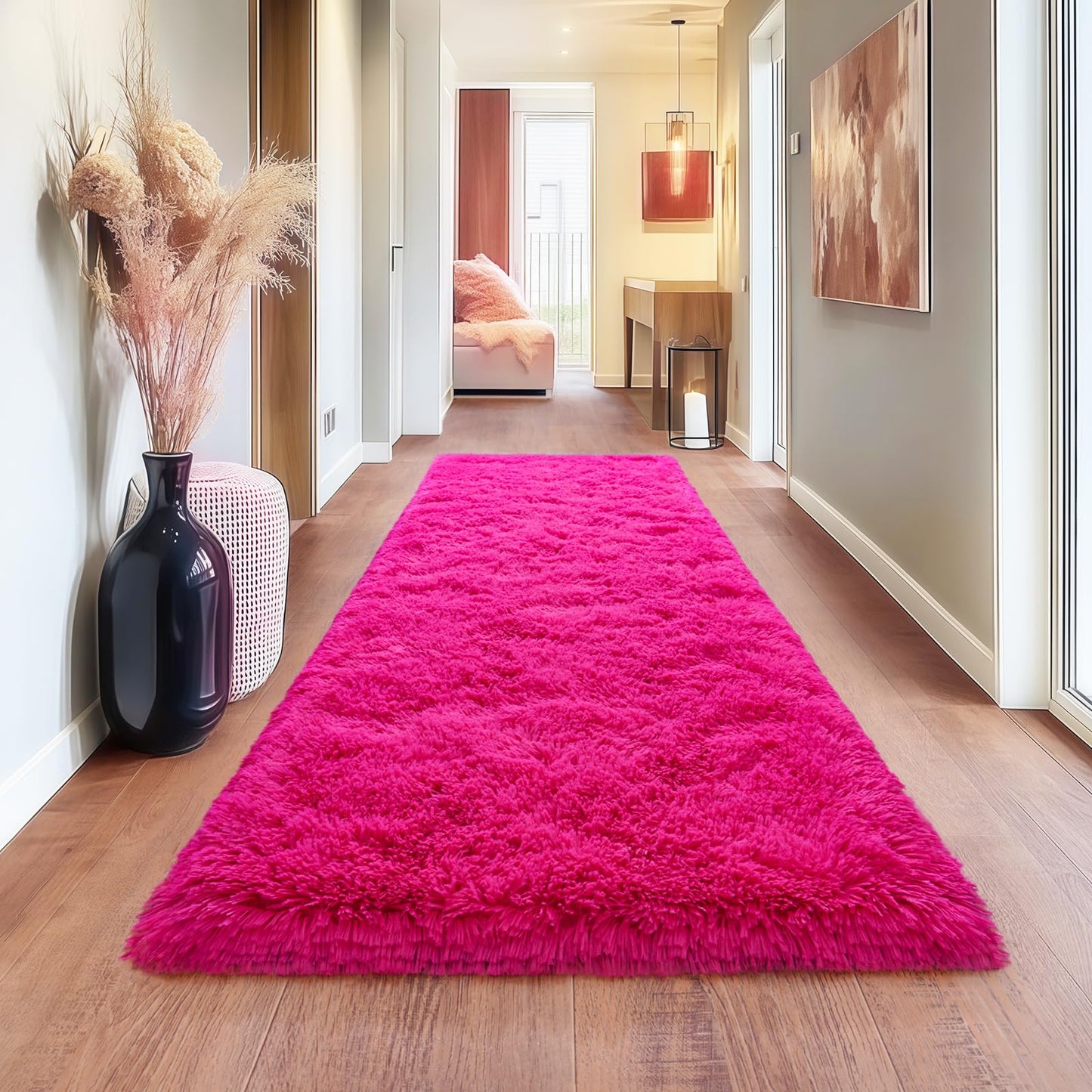 Hot Pink Runner Rug for Hallway, Bedroom Bedside Plush Rugs, Non Slip Fluffy Shaggy Carpet for Kids Home Decor, Dorm Nursery 2x6 Ft