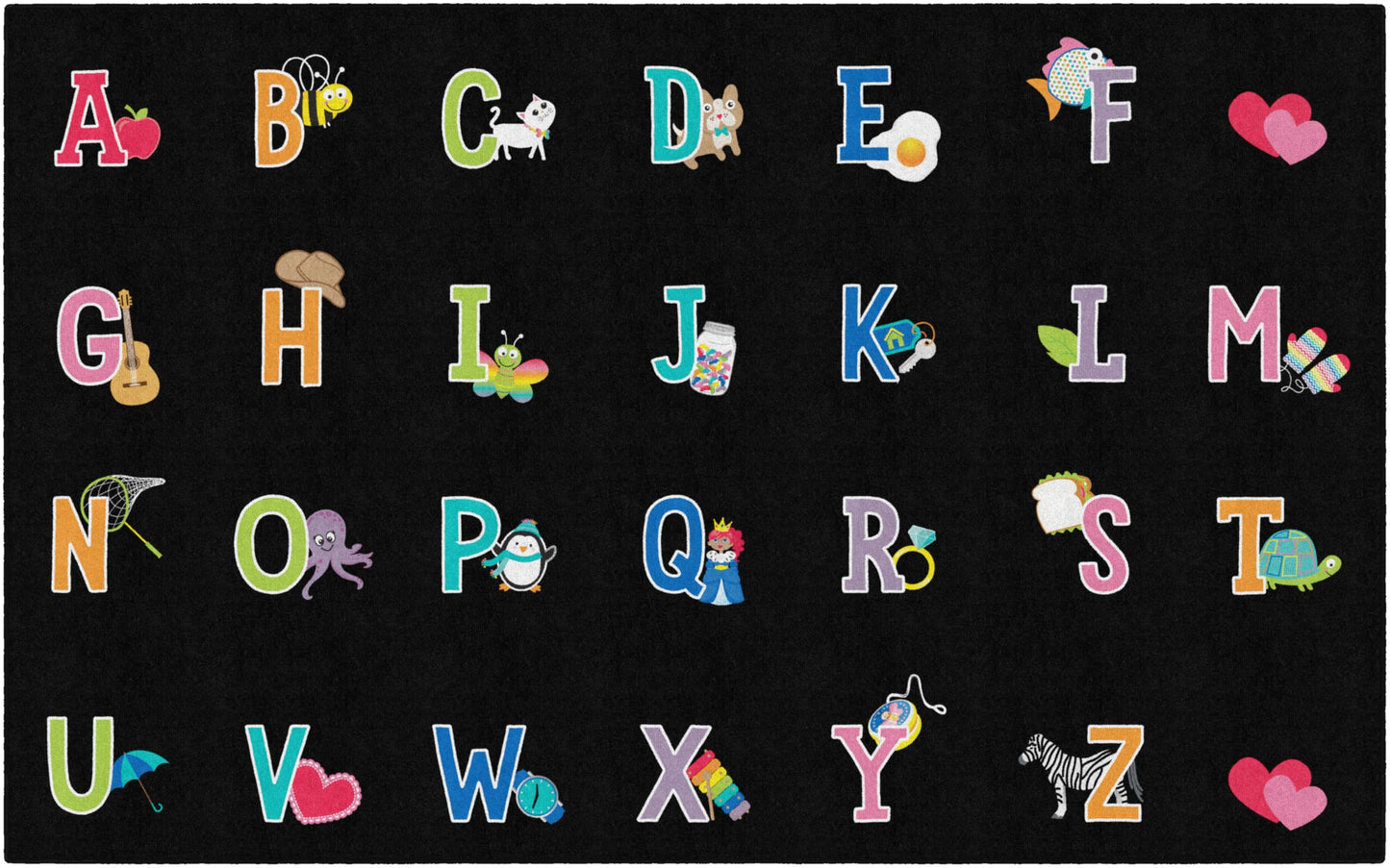 Flagship Carpets Alphabet Pictures On Black Criss Cross Applesauce Children's Classroom Décor Area Rug for Schools, Durable and Fun for Learning Centers, Daycares and Preschools, 7'6" X 12'