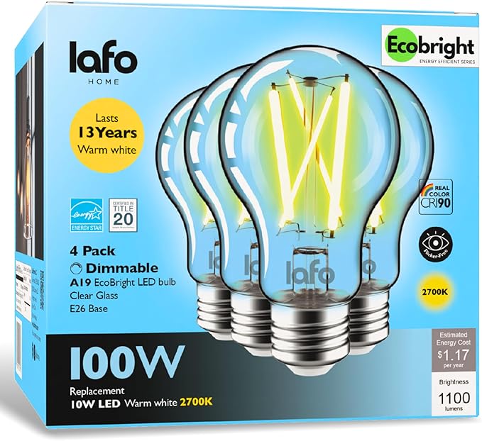 EcoBright 4PK Dimmable A19 LED Filament Bulb, 10W (100W Equivalent), E26 Base, 1100 Lumens, CRI90+, Flicker-Free Clear Glass, Energy Star Title 20, Warm White 2700K