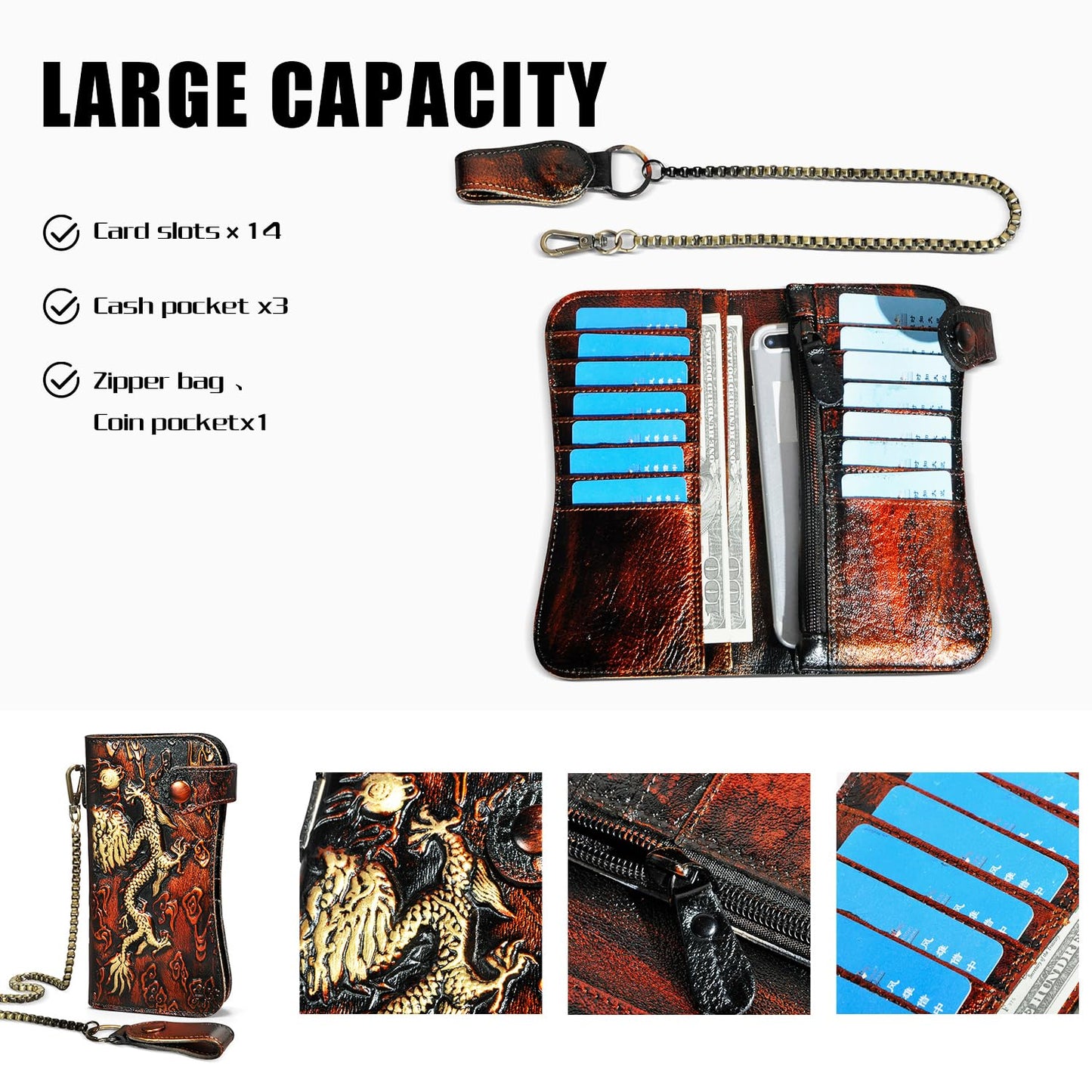 Handadsume Genuine Crazy Horse Leather Travel Gift Coin Pocket Card Case Long Organizer Chain Rfid Wallet Purse With Snap For Men Male 1088 (1088 Orange)