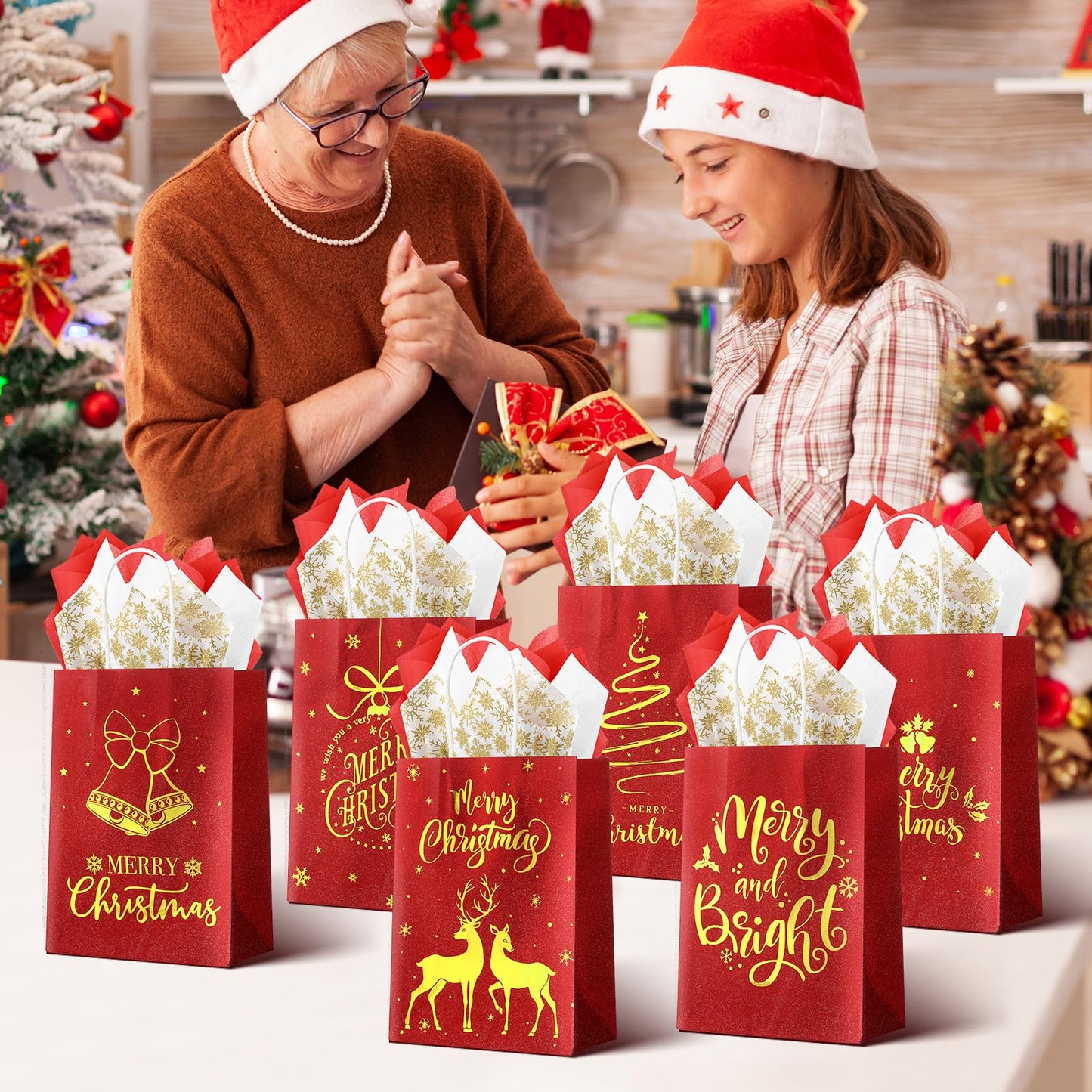 Ragnhild 48 Pcs Christmas Gift Bags, Red Glitter Christmas Bags for Gifts with Tissue Paper, 6 Styles Red and Gold Foil Paper Goodie Bag with Handles, Bulk Xmas Holiday Reusable Party Favor Treat Bag