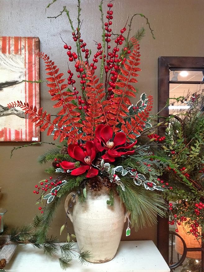 DILATATA 6Pcs Christmas Glitter Leaves Boston Fern Leaves 25" Artificial Red Fern Leaf Picks Sprays Giltter Stems for Christmas Tree DIY Xmas Wreath Garland Home Decor - Red
