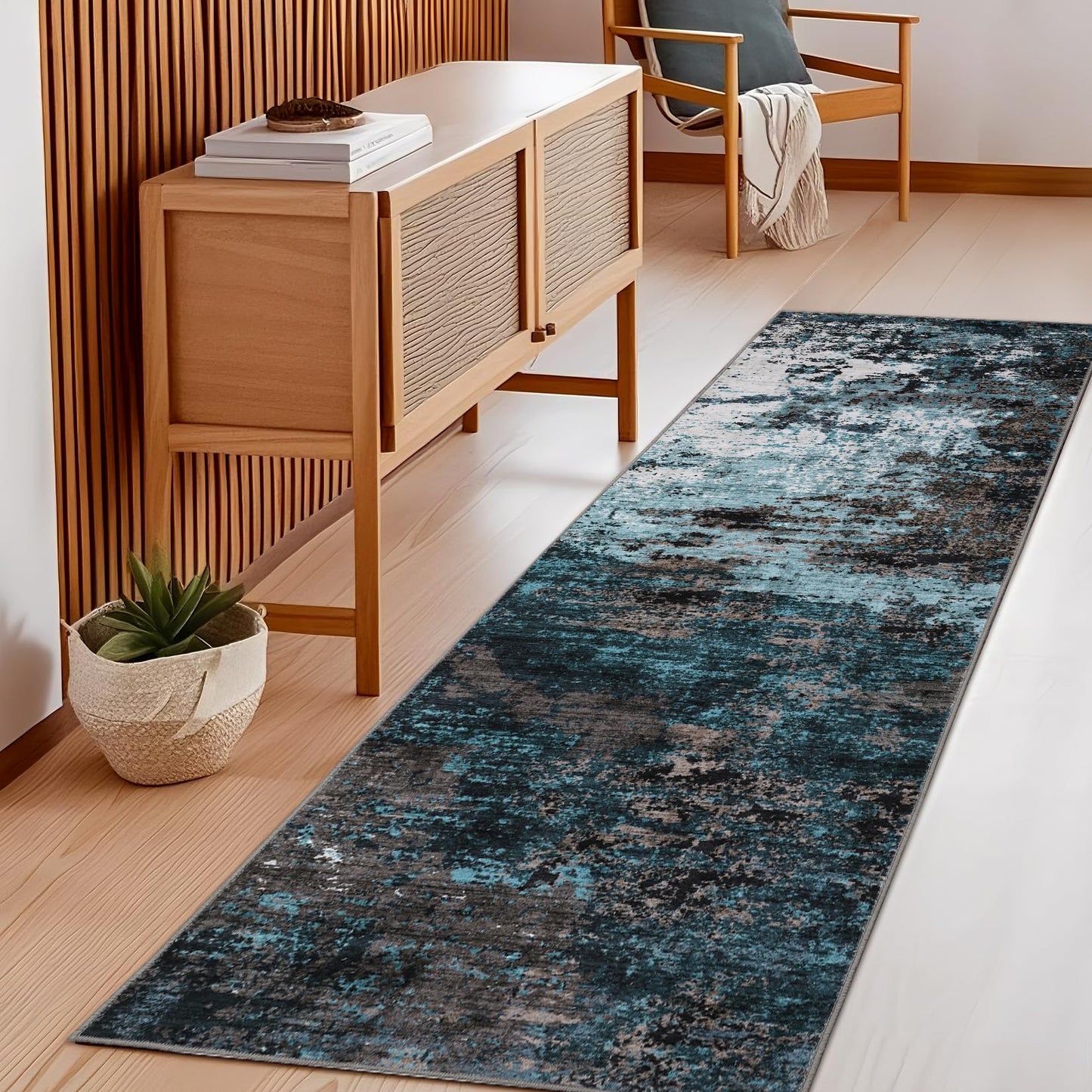 GarveeHome Washable Area Rugs 2x6 Non-Slip Abstract Runner Rugs, Ultra-Soft Low Pile Floor Cover, Stain Resistant Contemporary Indoor Floor Carpet for Hallway, Bedroom, Laundry, Blue Green