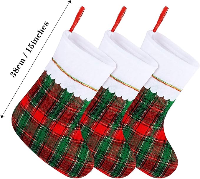 URATOT 12 Pack 15 Inches Christmas Stockings Red and Green Plaid Pattern Felt Christmas Holiday Stockings Christmas Tree Hanging Ornaments Xmas Fireplace Decoration Set