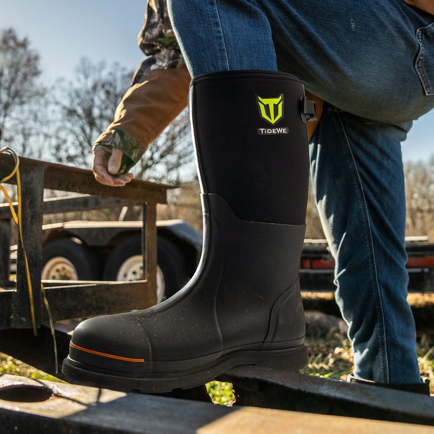 TIDEWE Rubber Work Boot for Men with Steel Toe & Shank, Waterproof Anti Slip Hunting Boot, 6mm Neoprene Hunting Boot for Manufacturing, Construction, Farming, Black, Size 12