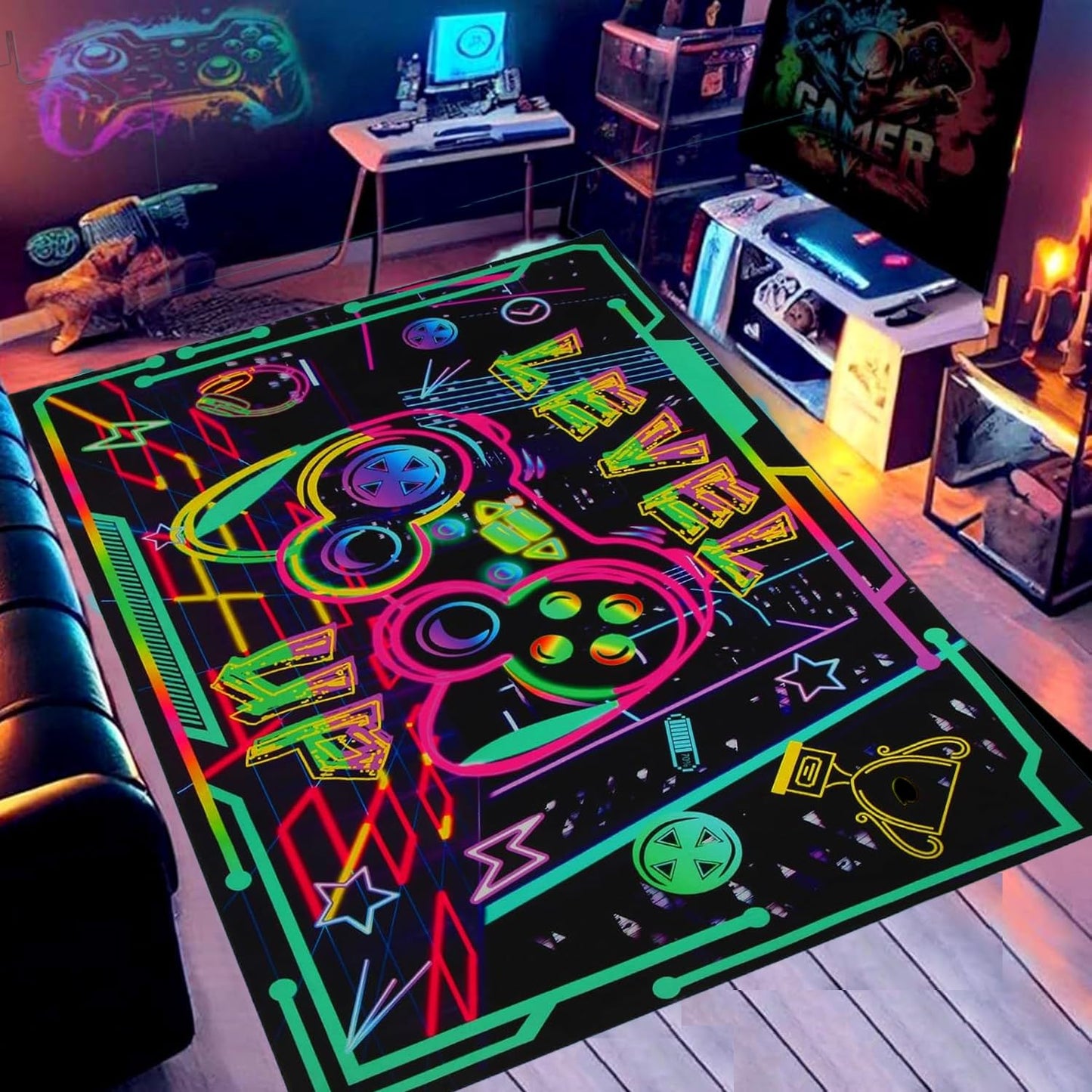 HCHMAO Gaming Rug for Boys Room, 31×47inch Game Room Rug Decor Accessories Non-Slip 3D Printed Cool Gaming Area Rug for Playroom Bedroom Living Room