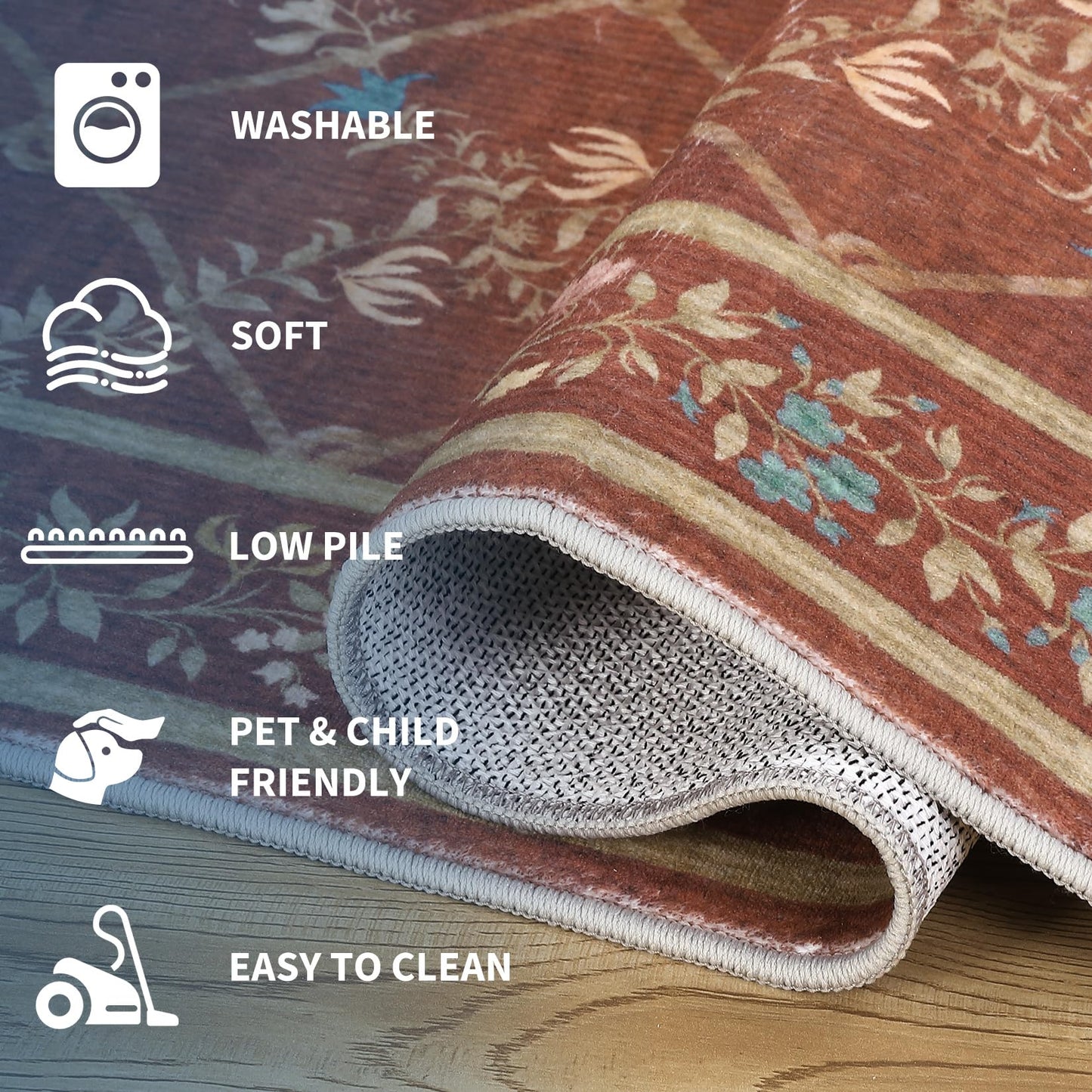 Garvee 8x10 Rugs for Living Room Floral Rug for Bedroom Washable Rugs Stain Resistant Easy Cleaning Non Slip Floor Cover for Dining Room Office Nursery, Red