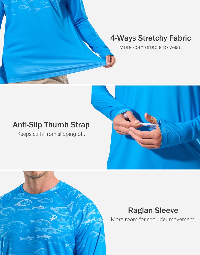 Pudolla Men's Sun Protection Shirts UV SPF UPF 50+ Long Sleeve Lightweight Quick Dry Shirts(Blue Gradient Shoal L)