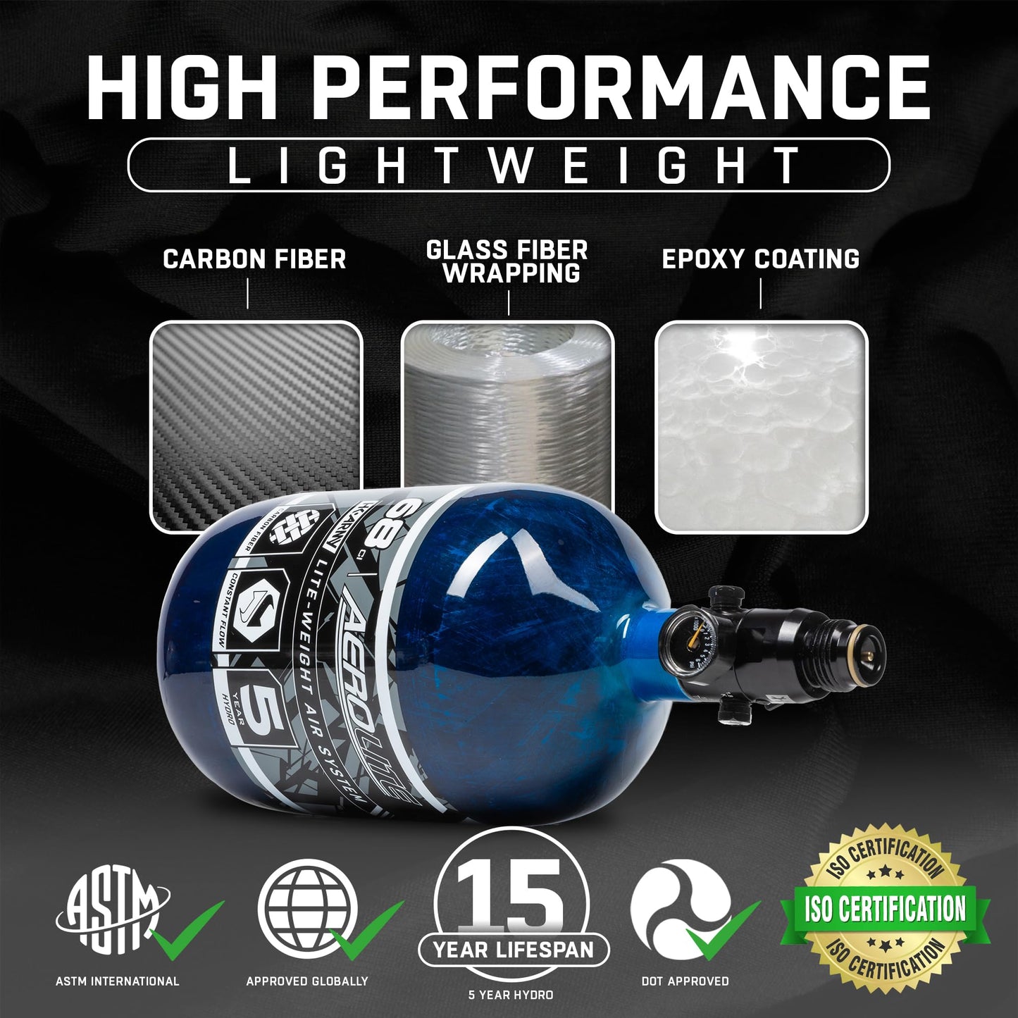 HK Army HSTL HPA Air System - 68ci/4500psi Lightweight Carbon Fiber Tank with 800psi Regulator for Paintball & Airsoft Gear - Blue