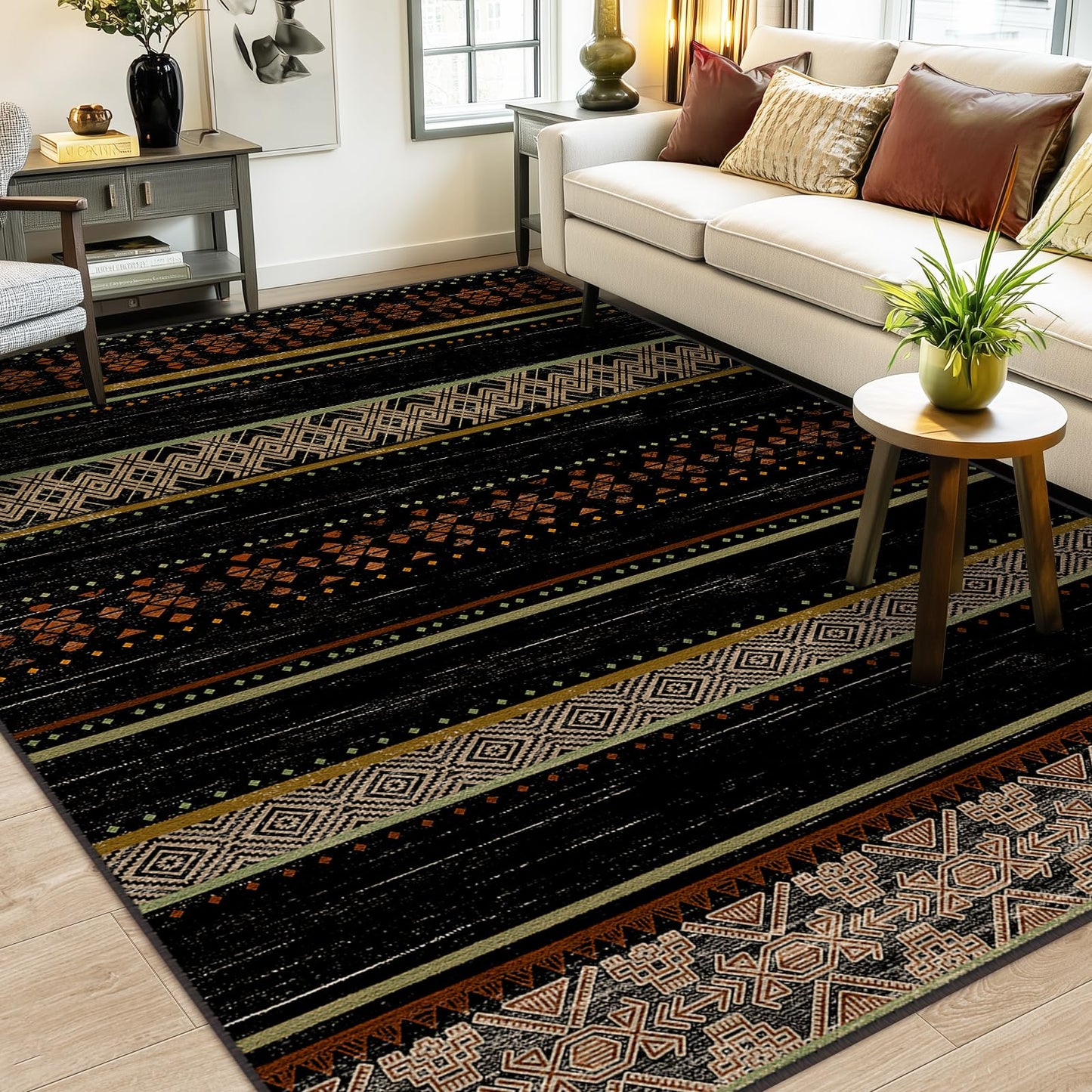 BESTSWEETIE 8x10 Area Rugs for Living Room Washable Moroccan Farmhouse Neutral Geometric Low Pile Non-Slip Soft Print Pattern Rug for Bedroom Kitchen Dining Room Entryway Black/Red/Brown/Cream/Yellow