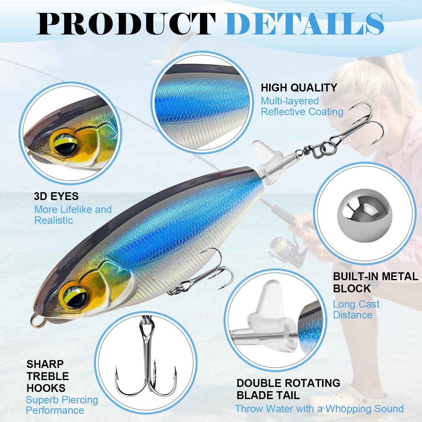 WWFIOO 3-Pack Propeller Tail Topwater Fishing Lures – Floating Popper Crankbait with 3D Eyes, UV Coating, Sound & Splash for Bass Trout Saltwater Freshwater Fishing (B)