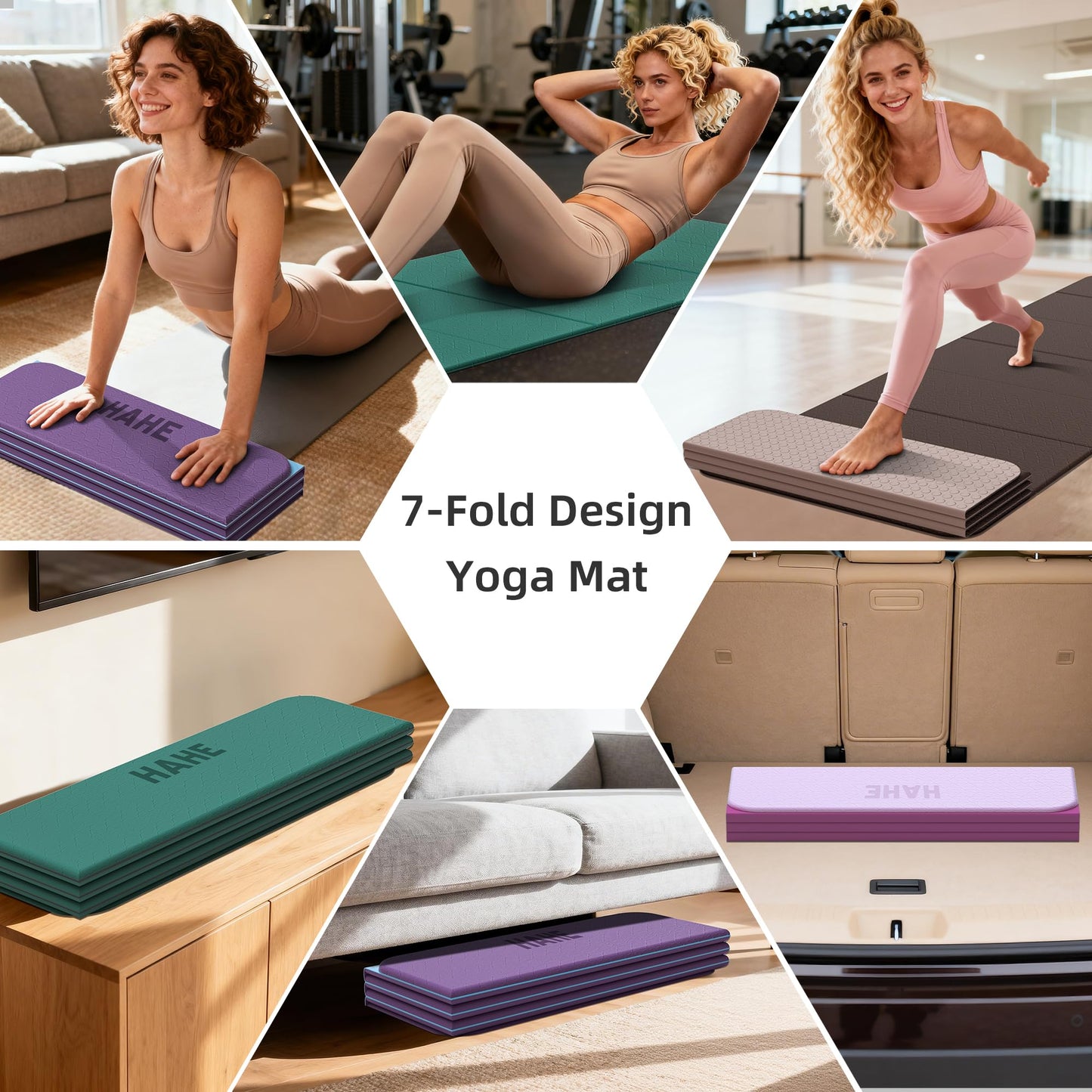 HAHE 7-Fold Design Extra Thick Yoga Mat 72"L x 24"W x 0.47",TPE Fitness Exercise Mats, Non-Slip Foldable Yoga Mat, High Density, Portable for Men & Women, Yoga, Pilates, Home Gym (Deep Pink & Light Pink)