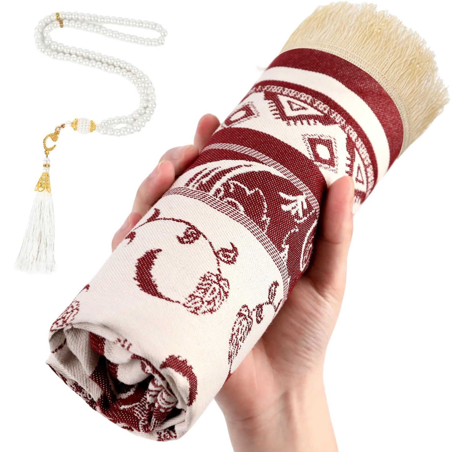 Islamic Prayer Rug Set, Muslim Prayer Mat with Mihrab Arch Floral Red Design and White Beaded Tasbih with Tassel, Thin Janamaz for Ramadan Eid Home Travel, Gift for Women Men (43" x 28")