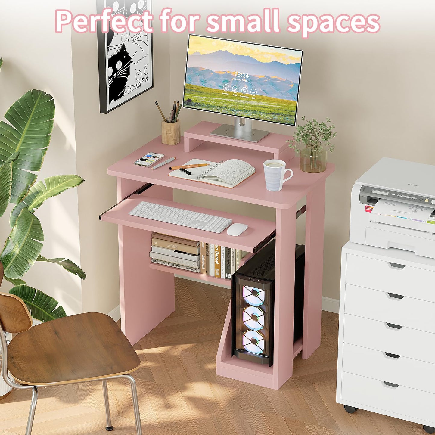 ALISENED 30" Small Computer Desk with Keyboard Tray Monitor Stand, Study Writing Desk with Storage Shelves, Modern Workstation for Small Spaces, Save Space, Pink