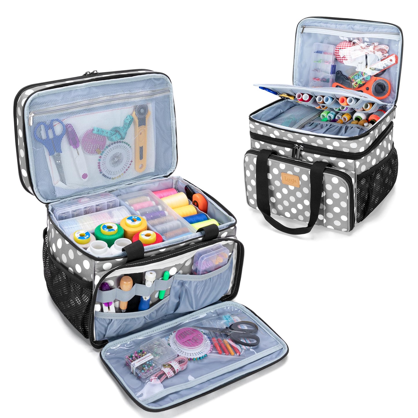 LUXJA Large Sewing Organizer with Many Compartments, 2 Layers Sewing Accessories Organizer with Varisized Pockets for Sewing and Crafting Supplies (Bag Only), Polka Dots