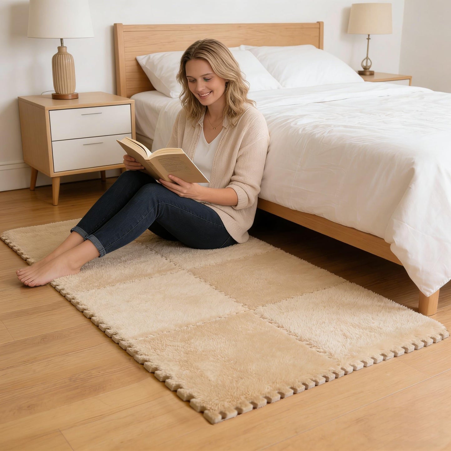 Jaderlu 16pcs 0.6" Thickened Interlocking Tile Mats,Fluffy Shaggy Soft EVA Foam Area Rug for Living Room & Bedroom,Non-Slip Protective Floor Carpet Play Mat Kids Baby Dorm Home Decor (11.8ft, Khaki)