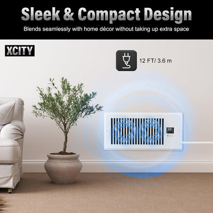 Xcity Quiet Register Booster Fan, Intelligent 4"x10" Vents, 10-speed, Air Vent Fan with Remote Control & Thermostat, Smart LED Display Ideal for HVAC, Integrated Heating & Cooling, White
