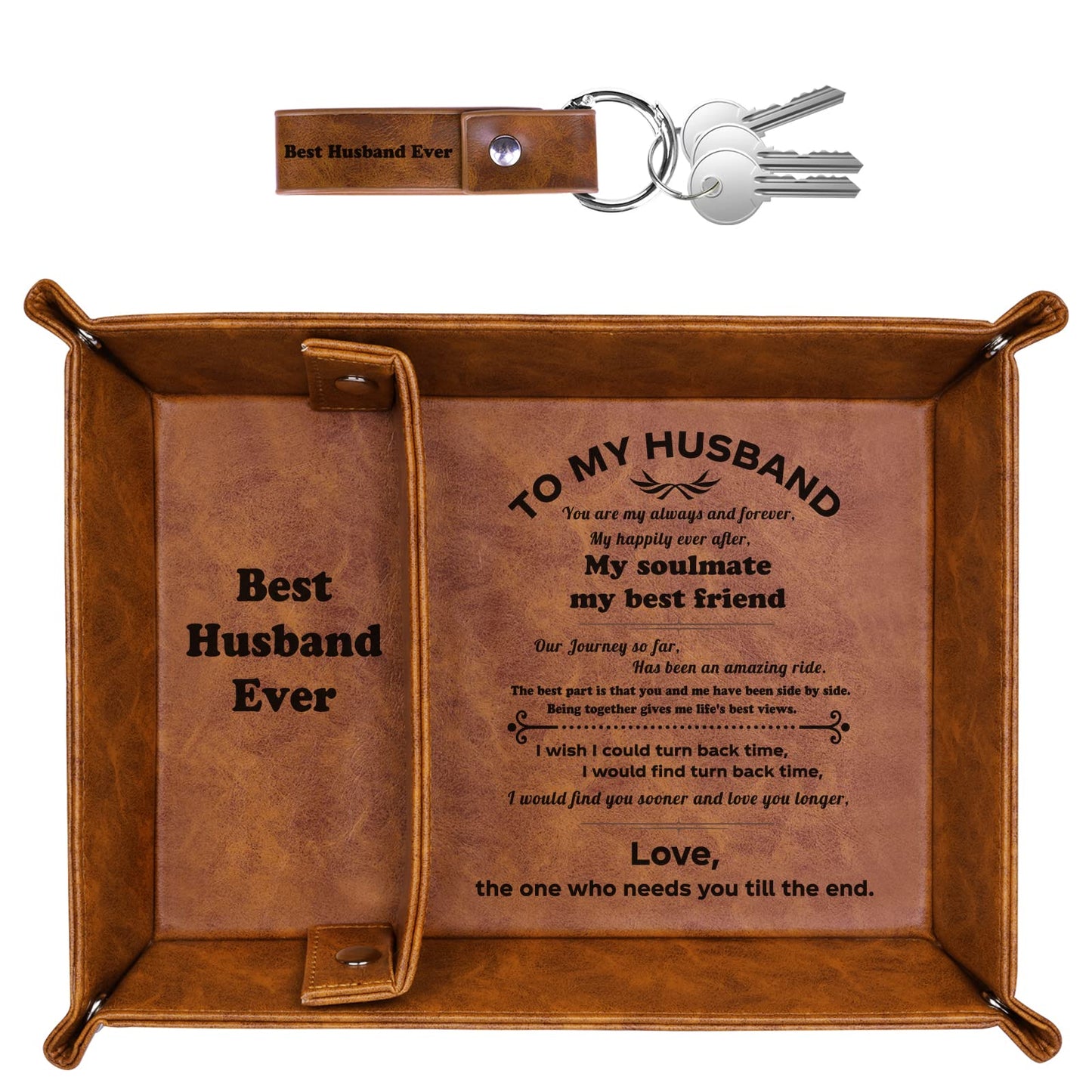 ZAPUVO Gifts for Husband Men Dad Fathers Day,Best Husband Ever PU Leather Valet Tray and Keychain, Anniversary for Men-Birthday Gifts Ideas for Him Boyfriend Who Has Everything from Wife