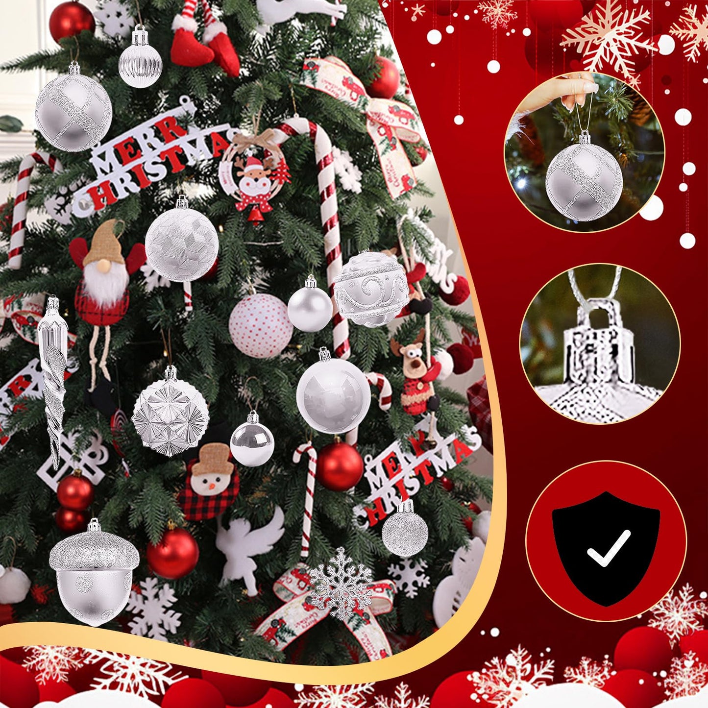 Napzy 62 Count Shatterproof Christmas Ball Ornaments Set, Silver Christmas Tree Decorations for Xmas Holiday Party Decor, Wreath and Garland Hanging Balls