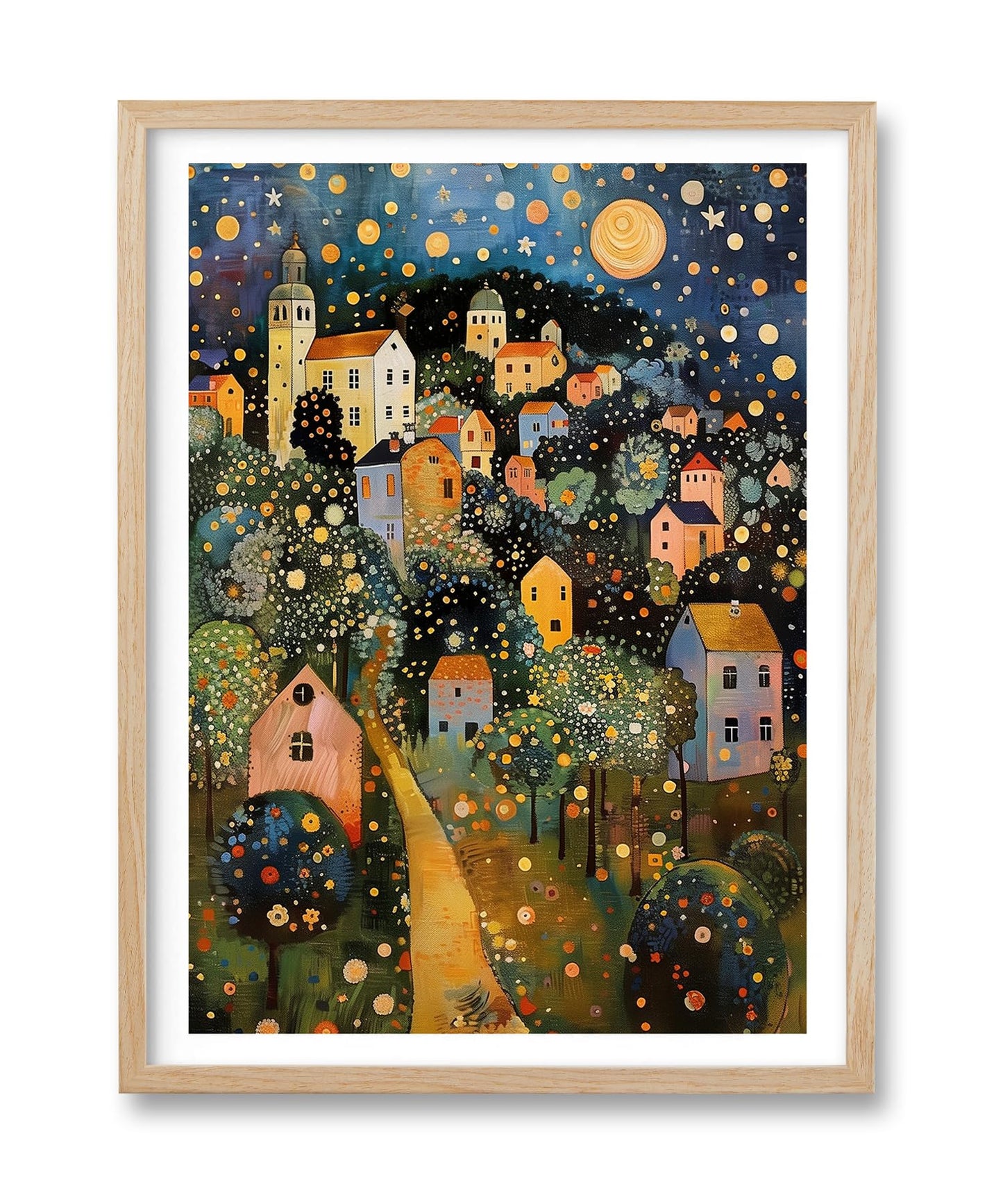 HesenDot Gustav Klimt Moon Stars Natural OAK Wood Framed Wall Art,12x16in