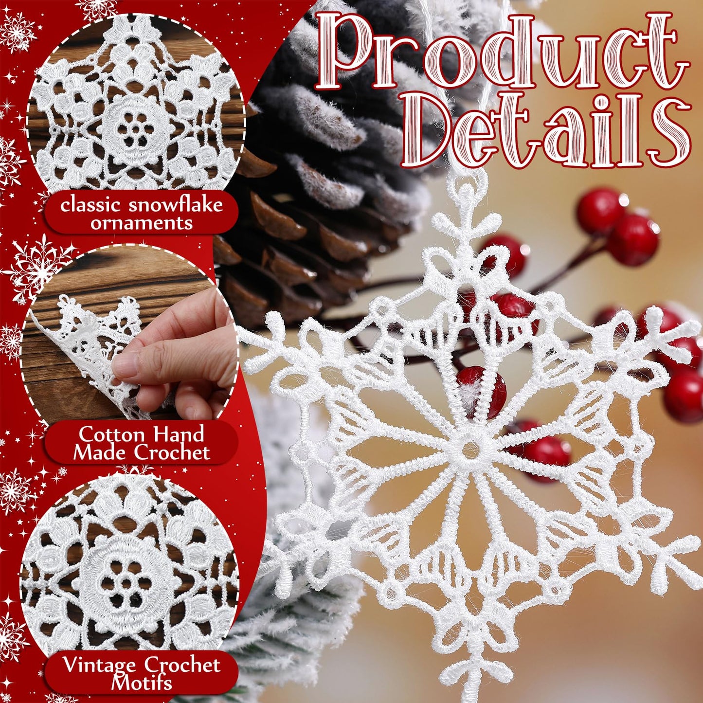HunnmingRe 48 Pcs Crochet Snowflake Ornaments Winter Crocheted Snowflake Bulk 12 Styles Hanging Decor for Winter Decorations Christmas Wonderland Tree Wall Holiday Party Woven Gift